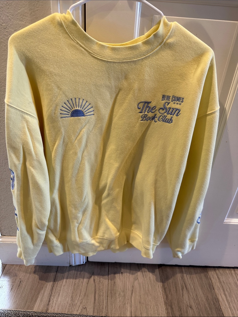 Altar'd State Yellow Crewneck with Blue Sun Embroidery